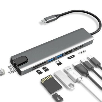 АДАПТЕР-ХАБ 8 В 1 АДАПТЕР USB-C PD HDMI 4K 30 Гц SD LAN RJ45 USB