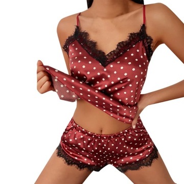 Women Sexy Pajamas Set Satin Silk Lace Cami Vest H