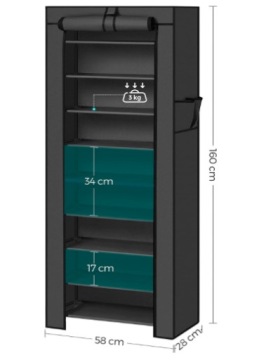 Полка для обуви с 10 уровнями 160 x 58 x 28 см, примерно на 27 пар обуви, черная.