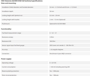 Указатель уровня топлива VDO 3-180 Ом A2C59514184