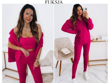 Dámske tepláky komplety 3 dielna mikina top legíny zips fuchsia L/XL