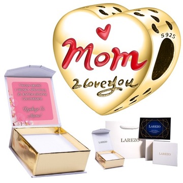 Złoty CHARMS Serce Kocham Cie Mamo Mom I Love You w Sercu srebro + NADRUK