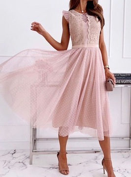 MD tylové ružové šaty čipka bodky | S