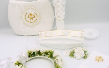 ZESTAW KOMUNIJNY WIANEK NA KOK TOREBKA RĘKAWICZKI KOMUNIAEU