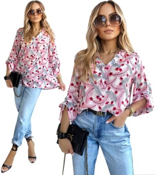 BLUZKA DAMSKA koszula luźna elegancka print dekolt guziki