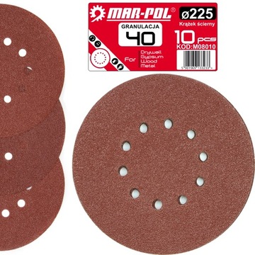 PAPIER ŚCIERNY Z OTWORAMI NA RZEP KRĄŻEK 225mm P 40 10szt DO ŻYRAFY