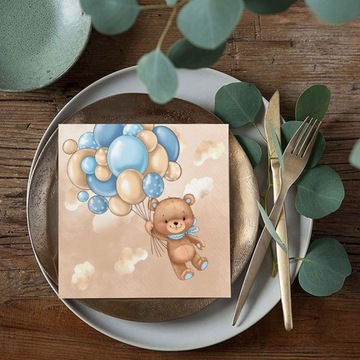САЛФЕТКИ на Год и Крещение Мишка и шарики синие 33х33см 20 шт.
