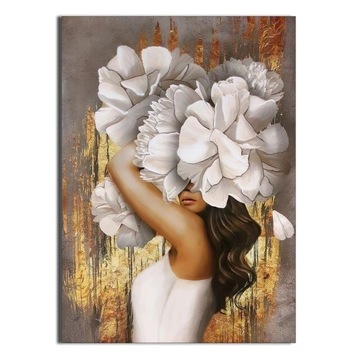 1x OBRAZ NA PŁÓTNIE CANVAS KOBIETA Z KWIATAMI NA GŁOWIE ZŁOTO GLAMOUR 50x70