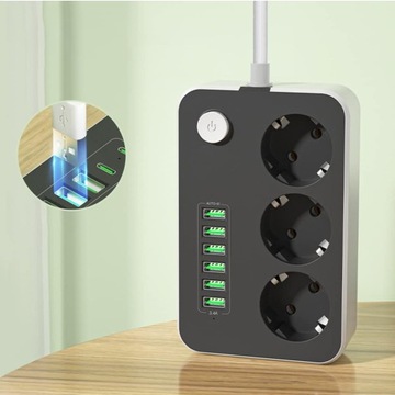 УДЛИНИТЕЛЬ ПИТАНИЯ 3 РОЗЕТКИ + 6 USB С КАБЕЛЕМ ДЛИНОЙ 1,85 М