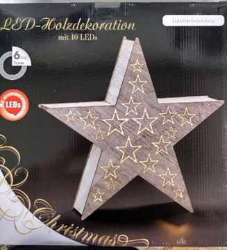GWIAZDA BIAŁA DREWNIANA gwiazdki 10led 34cm