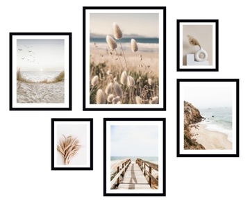 6x OBRAZ W RAMIE PLAKATY RAMKA TRAWA PAMPASOWA WAZON SALON MOST PLAŻA BOHO
