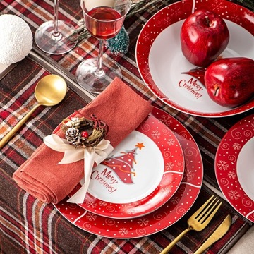 Świąteczny Zestaw Talerzy Obiadowych Boże Narodzenie 30 elementów Choinka