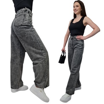 JEANSY DAMSKIE Wide Leg SZARE z Wysokim Stanem i Szeroką Nogawką, r. XS