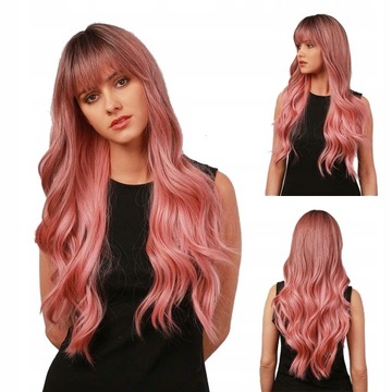 Peruka Długa Kręcone Włosy Brąz Różowy Ombre 60cm