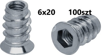 100x Mufa M6x20 Dwugwintowa wkręt drewna wpustka