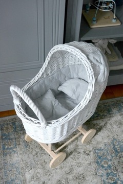 WÓZEK wiklinowy + KOŁYSKA dla lalek kolor BIAŁY