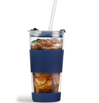 ТЕРМОСТЕКЛЯННАЯ КРУЖКА С СОЛОМОЙ FUORI ТЕМНО-СИНЯЯ 600 МЛ