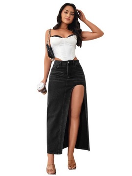 Modna Dżinsowa Spódnica Maxi Z Wysokim Rozcięciem Dla Kobiet