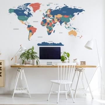 Naklejka na Ścianę Mapa Świata Kolorowa Duża XL