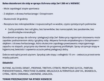 Balea Dezodorant w sprayu do ochrony i pielęgnacji stóp 2w1 200 ml z DE