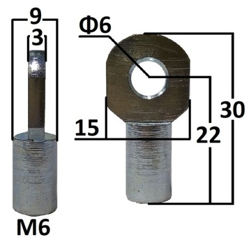 Przegub oczkowy fi 6mm gwint M6 dł. 22mm gr. 3mm