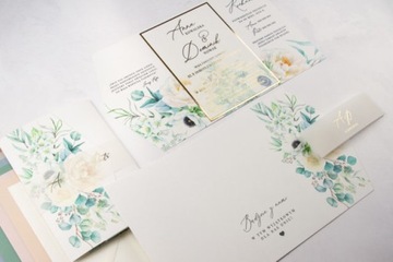 30xZaproszenia ślubne ZŁOCONE folder Białe Kwiaty