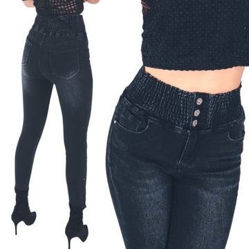 Grafitowe jeansy damskie modelujące rurki z wysokim stanem guma w pasie L