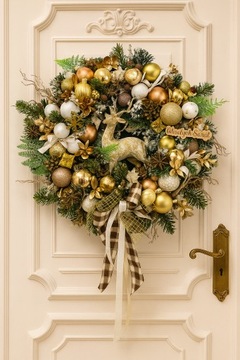 Золотой и бежевый рождественский венок на дверь с огнями, эксклюзивная зима