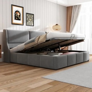 Modern double bed 180x200 cm, velvet, bed box with storage, gray