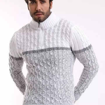 Sweter Męski Gruby Ciepły Wełna Golf Stójka Komin