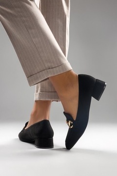 ЧЕРНЫЕ МОКАСИНЫ НА БЛОК-КАБЛЮКЕ, ДЕКОРАТИВНАЯ ПРЯЖКА, СВЕТЛЫЕ ТУФЛИ, размер 39