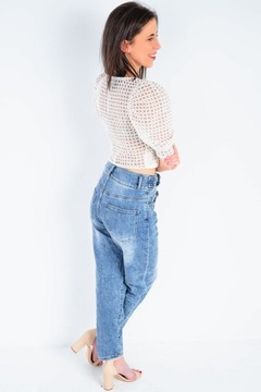 Jeansowe spodnie damskie z przetarciami MOM FIT z wysokim stanem M
