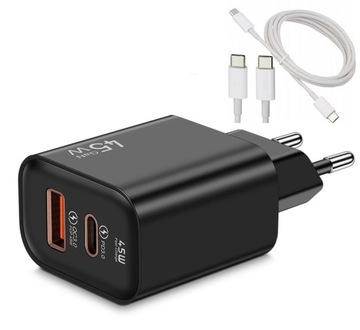 SZYBKA ŁADOWARKA SIECIOWA 45W DO TELEFONU 1xUSB 1x USB-C + SZYBKI KABEL