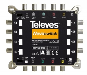 MultiSwitch 5/ 8 Wyjść Televes 714303 NevoSwitch TV SAT 12V do Anten DVB-T2