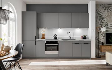 Кухонная мебель NOVO, 300 см, комплект кухонных шкафов с вытяжкой, матовый серый