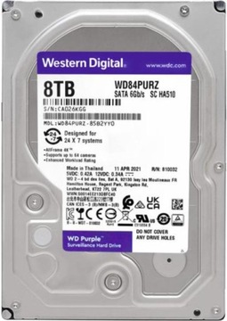 Большой жесткий диск WD Purple емкостью 8 ТБ для круглосуточного видеонаблюдения.