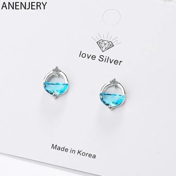 ANENJERY Элегантные серьги-гвоздики серебряного цвета круглой формы с голубой водой и весной