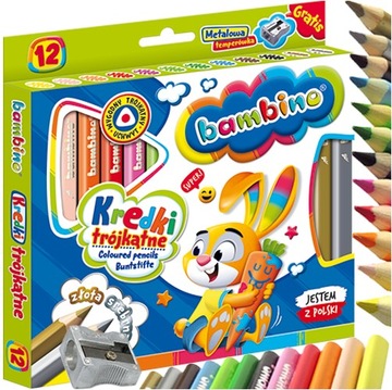 GRUBE TRÓJKĄTNE KREDKI W DREWNIE 12 KOL - BAMBINO