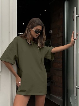 KOSZULKA DAMSKA OVERSIZE DŁUGA T-SHIRT KHAKI TUNIKA MINI SUKIENKA XXL
