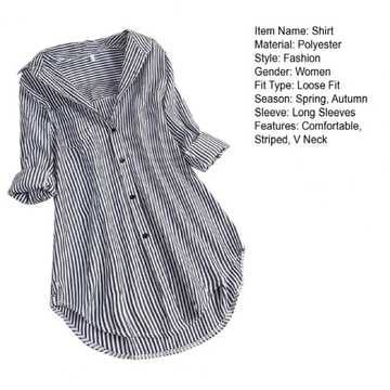 M-4XL Women Tunic Shirt Striped Long-sleeves V Nec