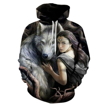 BLUZA MĘSKA Z KAPTUREM NADRUK 3D KOBIETA I WILK - M