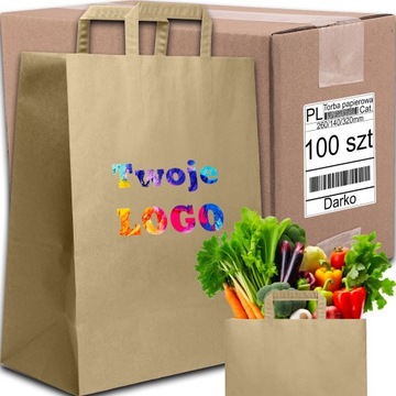 TORBA PAPIEROWA CATERINGOWA BRĄZOWA 260/140/320mm 26/14/32cm 100SZT +NADRUK