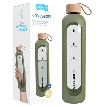 Wessper Activemax Crystalline 1L Szklana butelka na wodę z oliwkowym etui