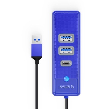 Orico Hub синий USB-A — 2x USB 3.1 + USB-C, встроенный кабель длиной 15 см