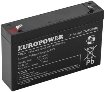AKUMULATOR BATERIA AGM VRLA EUROPOWER EP 6V 7Ah EP7-6 ZASILACZ AWARYJNY UPS