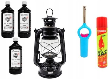LAMPA NAFTOWA Z KNOTEM + 3xOLEJ 0,5L+ZAPALARKA+GAZ