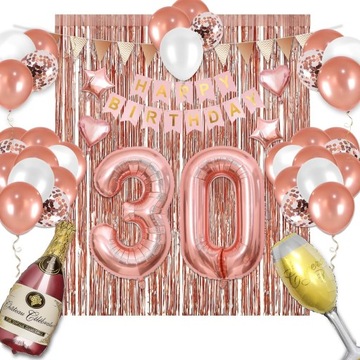 BALONY NA 30 URODZINY RÓŻOWE ROSE GOLD DUŻY ZESTAW + AKCESORIA