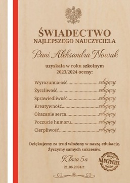 ŚWIADECTWO DLA NAJLEPSZEGO NAUCZYCIELA WYCHOWAWCY PREZENT DYPLOM GRAWER