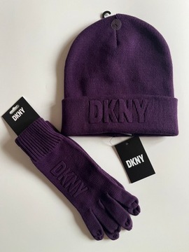 DKNY CZAPKA + RĘKAWICZKI ZIMA ORYGINAŁ fioletowe ZESTAW