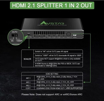 Разветвитель HDMI 2.1 AVstar 4K@120Гц VRR/EDID/Downscale/HDR Dolby Vision Ł456